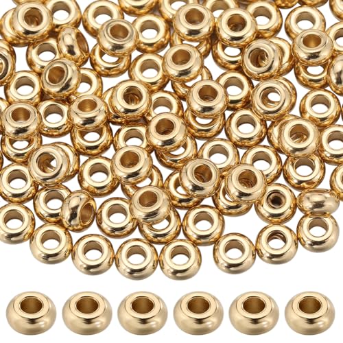 SUNNYCLUE 1 Box 200Pcs Real 18K Gold Plated Stainless Steel Beads 4mm Mini Spacer Beads Golden Metal Bead Spacers Bulk Rondelle Seamless Ball Bead Loose Spacer Beads for Jewellery Making Beading Kits