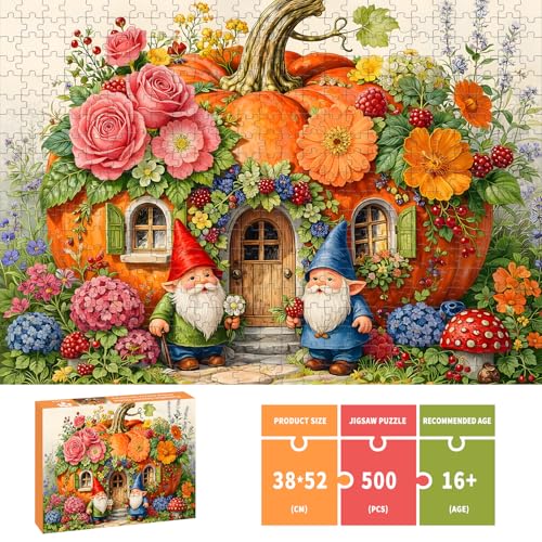 Puzzle para adultos de 500 piezas, decorado con flores y calabaza - Casa de gnomos calabaza, puzzle imposible para seniors y familias, 20.47 x 14.96 pulgadas miniatura 3