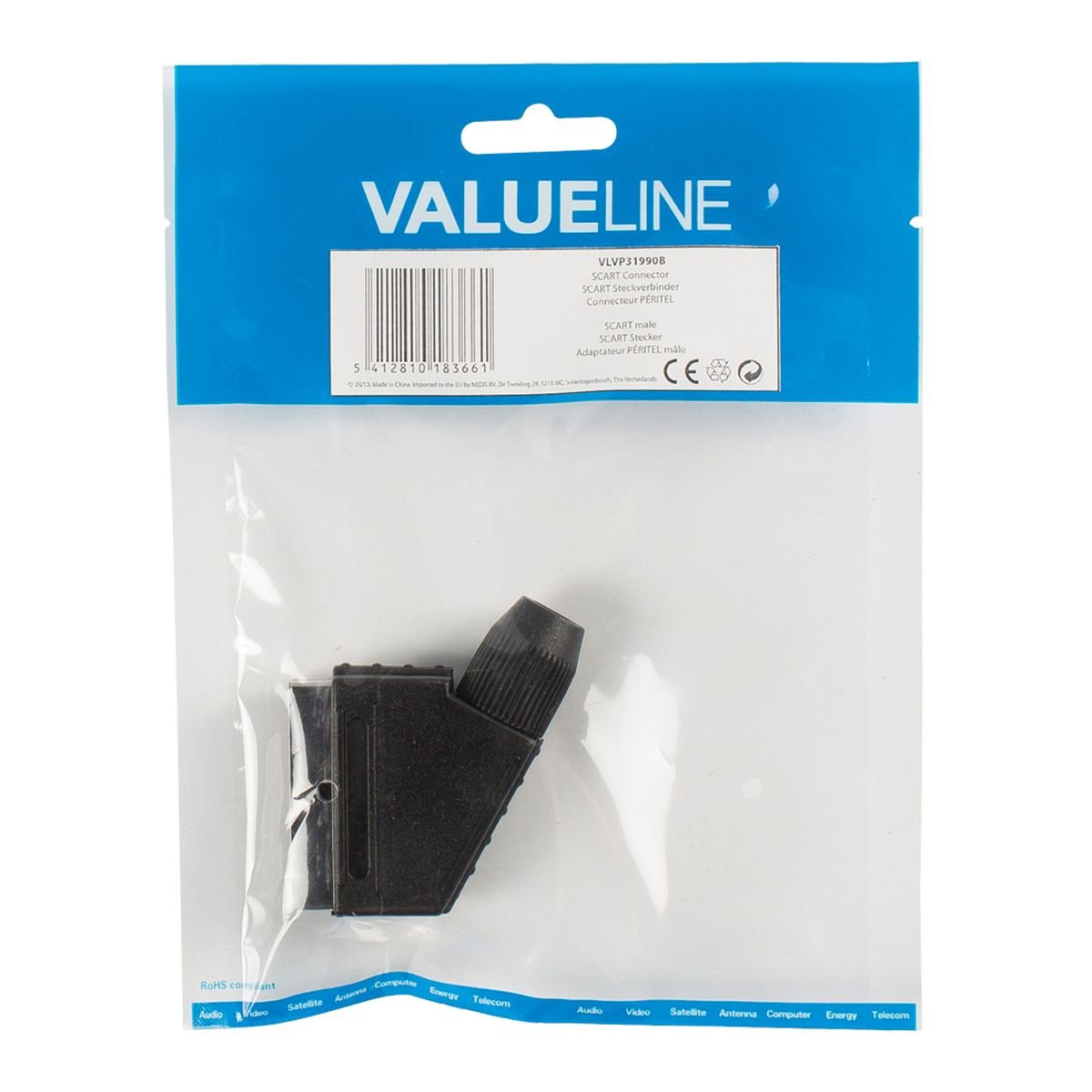 Valueline VLVP31990B SCART Noir connecteur de Fils - Connecteurs de Fils (SCART, Noir, 11 cm, 120 mm, 25 mm, Sac)