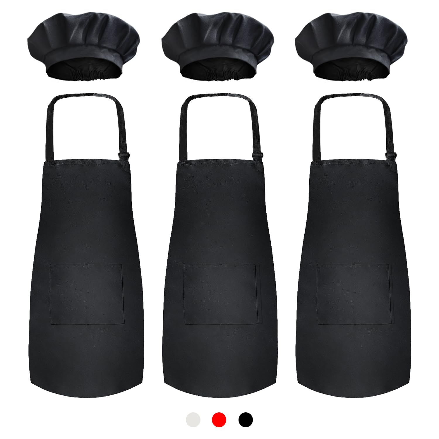 Novelty Place Kid's Apron with Chef Hat Set (3 Set) - Skin-friendly Children’s Bib with Pocket - Cooking, Baking, Painting, Training Wear - Kid's Size (6-12 Year, Black)