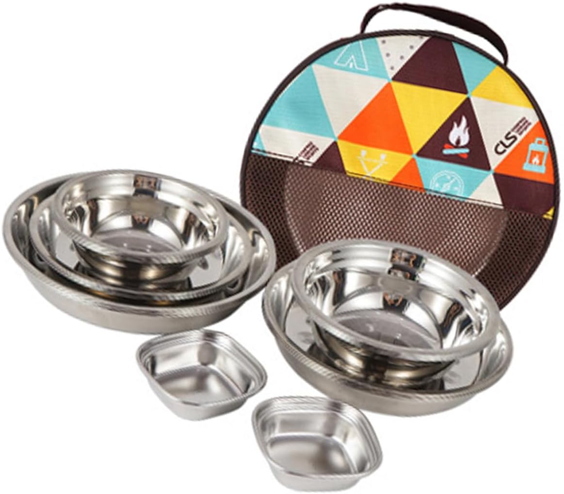 Portable Stainless Steel Camping Tableware with Plates Bowls Cutlery Lightweight Outdoor Dining Kit in Mesh Bag for Backpacking Hiking Picnic