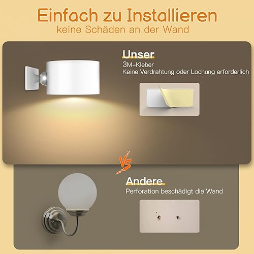 Miniatura 5 de tekstap Juego de 2 lámparas de pared recargables magnéticas, lámpara de pared giratoria de 360, aplique de pared LED adhesivo con control táctil, 3