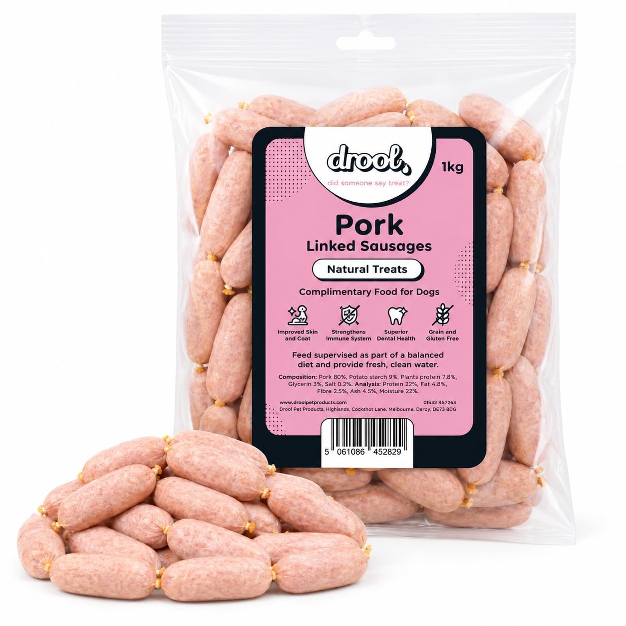 Drool Linked Pork Sausages Dog Treats – 100% Natural Air-Dried Meaty Sausages, High Protein, Grain Free – 1kg