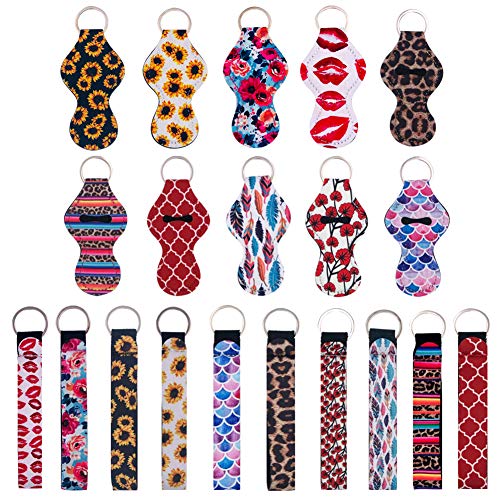 Vmorde 10 pcs chapstick Holders with 10 pcs Keychains, Neoprene Lipstick Protective Cases Cover Portable Balm Holders with Neoprene Wristlet Lanyards