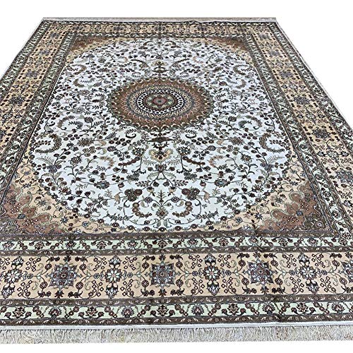 Yilong Carpet 9'x12' Large Silk Handmade Medallion Design Persian Qum Rugs Oriental Traditional Area Carpets for Living Room Bedroom (White&Beige)