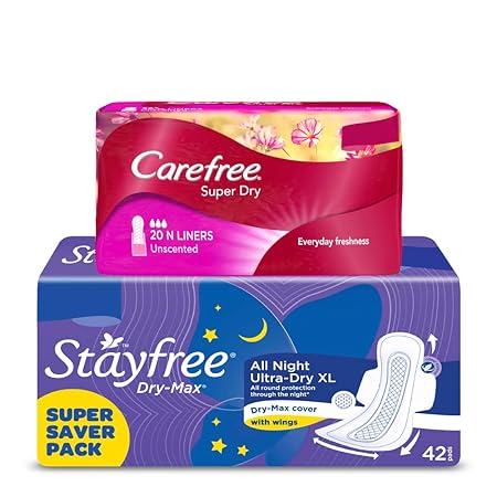 Stayfree Dry Max All Night 42s Sanitary Napkins + Carefree Pantyliners 20s Combo, white (Pack of 1)
