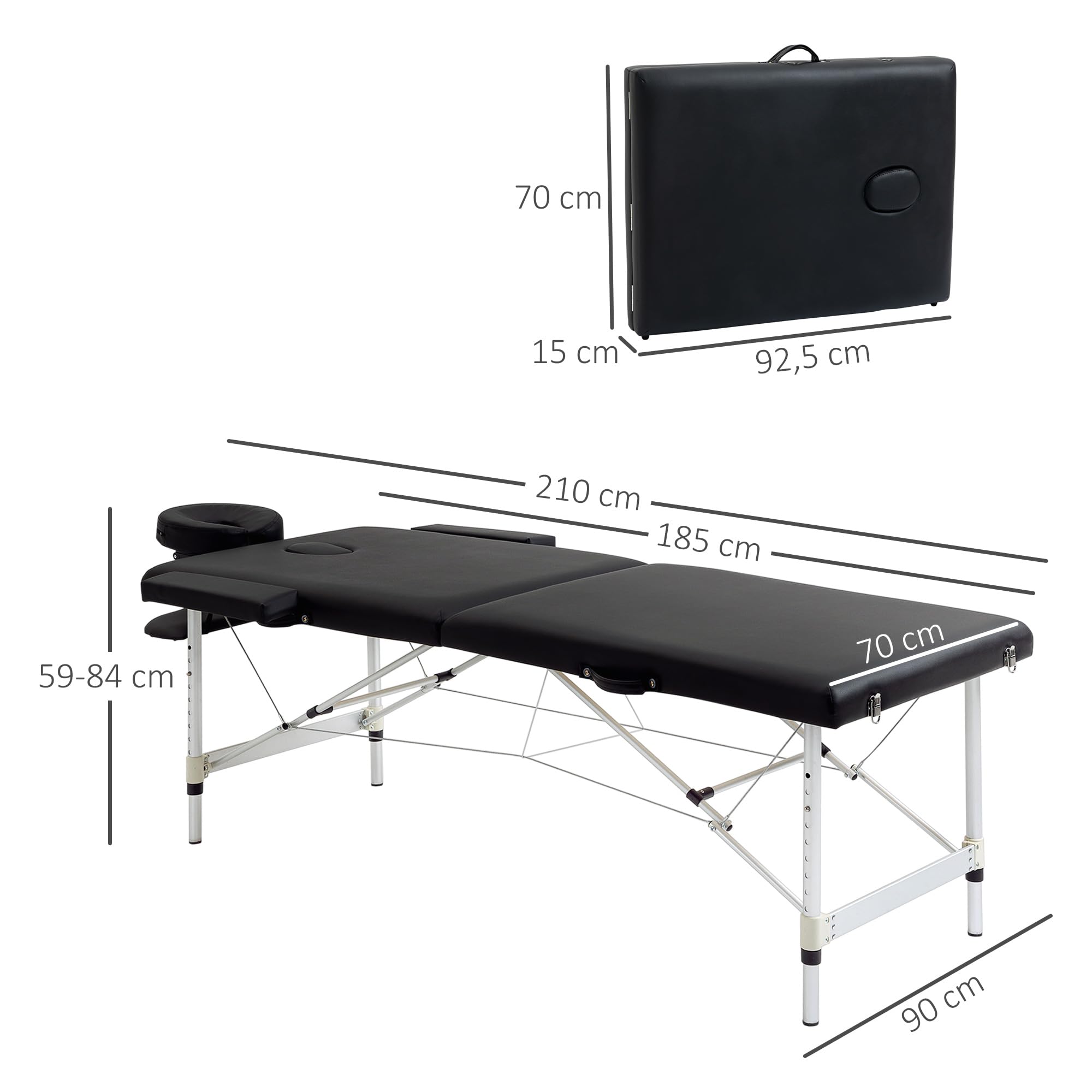 HOMCOM Table de Massage Pliante cosmétique lit de Massage Portable Charge Max. 225 Kg Hauteur réglable Cadre en Alliage d'aluminium Noir