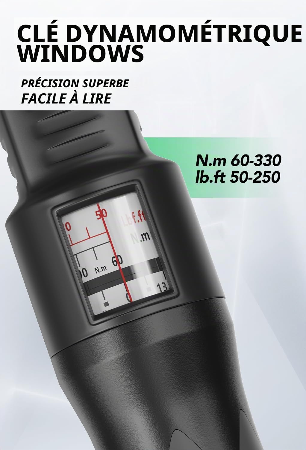 Clé Dynamométrique 1/2", Clé de Torsion 60-330NM, Précision ±3%, 72 Dents Clé à Cliquet Réversible(60-330 NM)