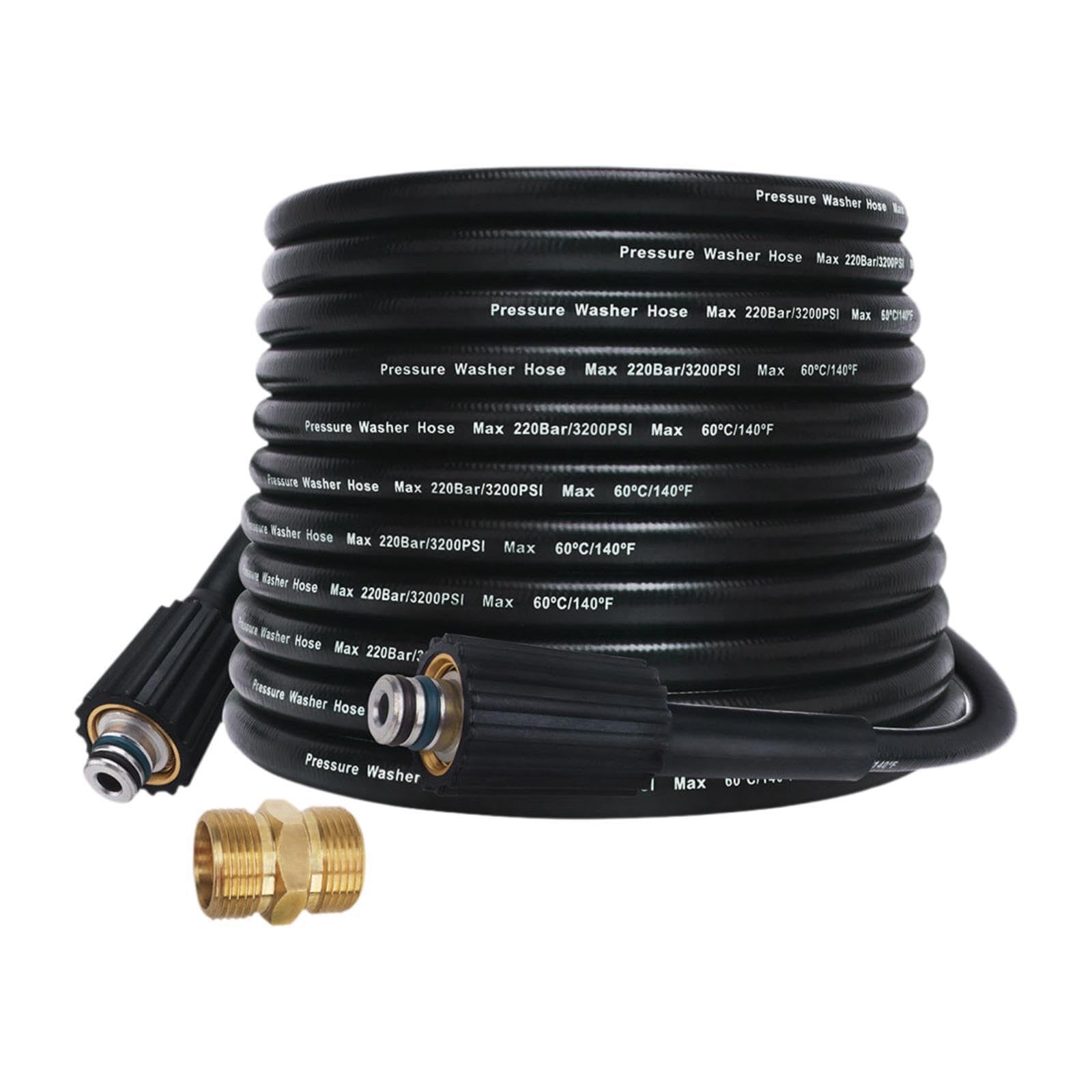 Manguera para hidrolavadora de 3200 PSI con Conector rápido de Rosca Hembra M22 Incluido. La Manguera y el acoplador de extensión están Fabricados, 15m