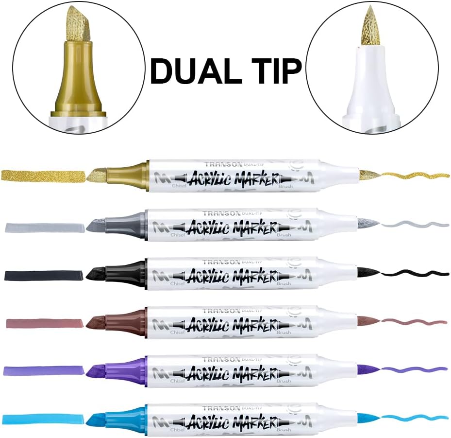 TRANSON 24 Colors Acrylic Paint Marker Chisel and Brush Dual-tip Set for Canvas Rock Wood Leather Ceramic DIY Painting