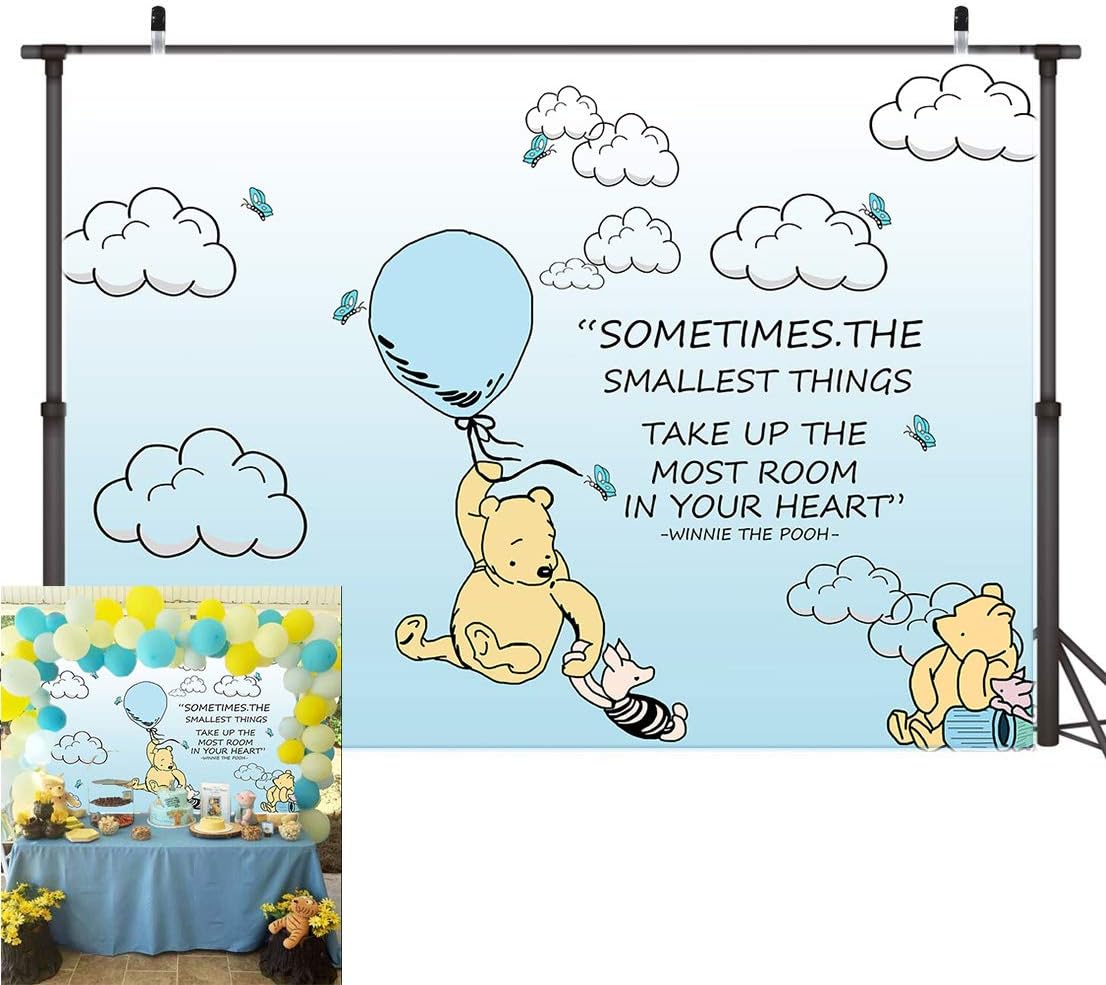 Wininie The Pooh Photography Background Light Blue Hot Air Kids Baby Shower Birthday Party Backdrops White Clounds Butterfly Newborn Photo Studio Booth Props Banner Vinyl 5X3FT