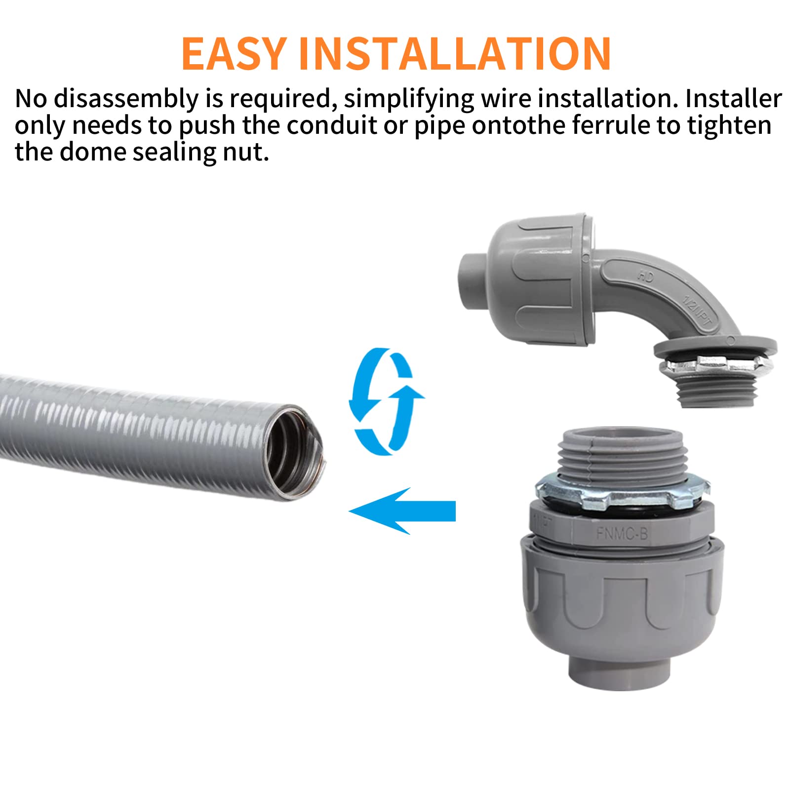 Conector flexible de conducto hermético a líquidos de 1/2 pulgada, conector de conducto flexible de PVC, accesorios de conducto eléctrico, certificado UL (1/5.1 cm-30 unidades)