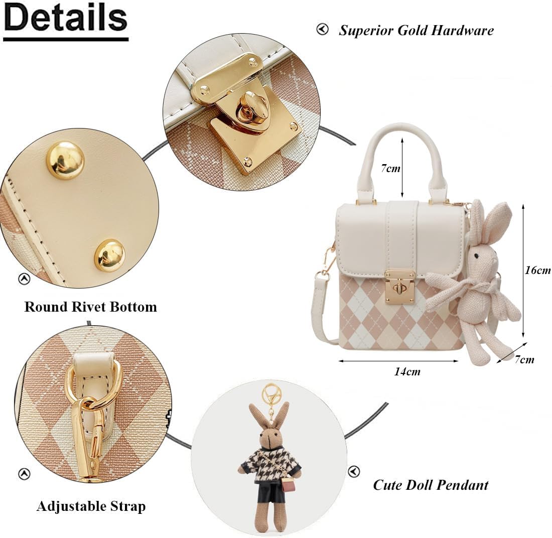 RTGGSEL Rhomboid Patterned Bucket Bag Crossbody Shoulder Bags for Women Cylinder Purse Satchel Handbags with Bunny Doll - Image 4