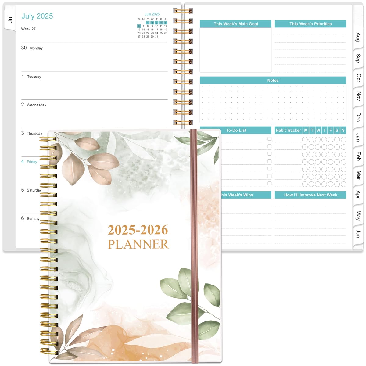 2025-2026 Planner - A5 To Do List Planner from July 2025 - June 2026, Planner 2025-2026 with Flexible Cover, Tabs, Inner Pocket, 6.4" x 8.5", Rose