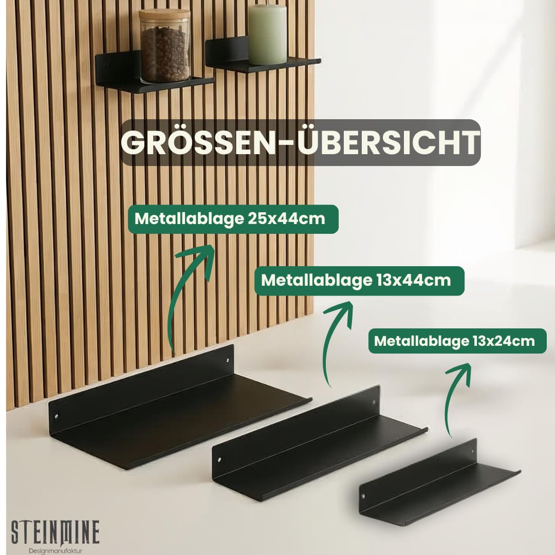 Steinmine - Designmanufaktur Wandregal Metall schwarz matt – Metallverschraubung - kein Bohren – Zubehör für Akustikpaneele (44cm x 13cm)