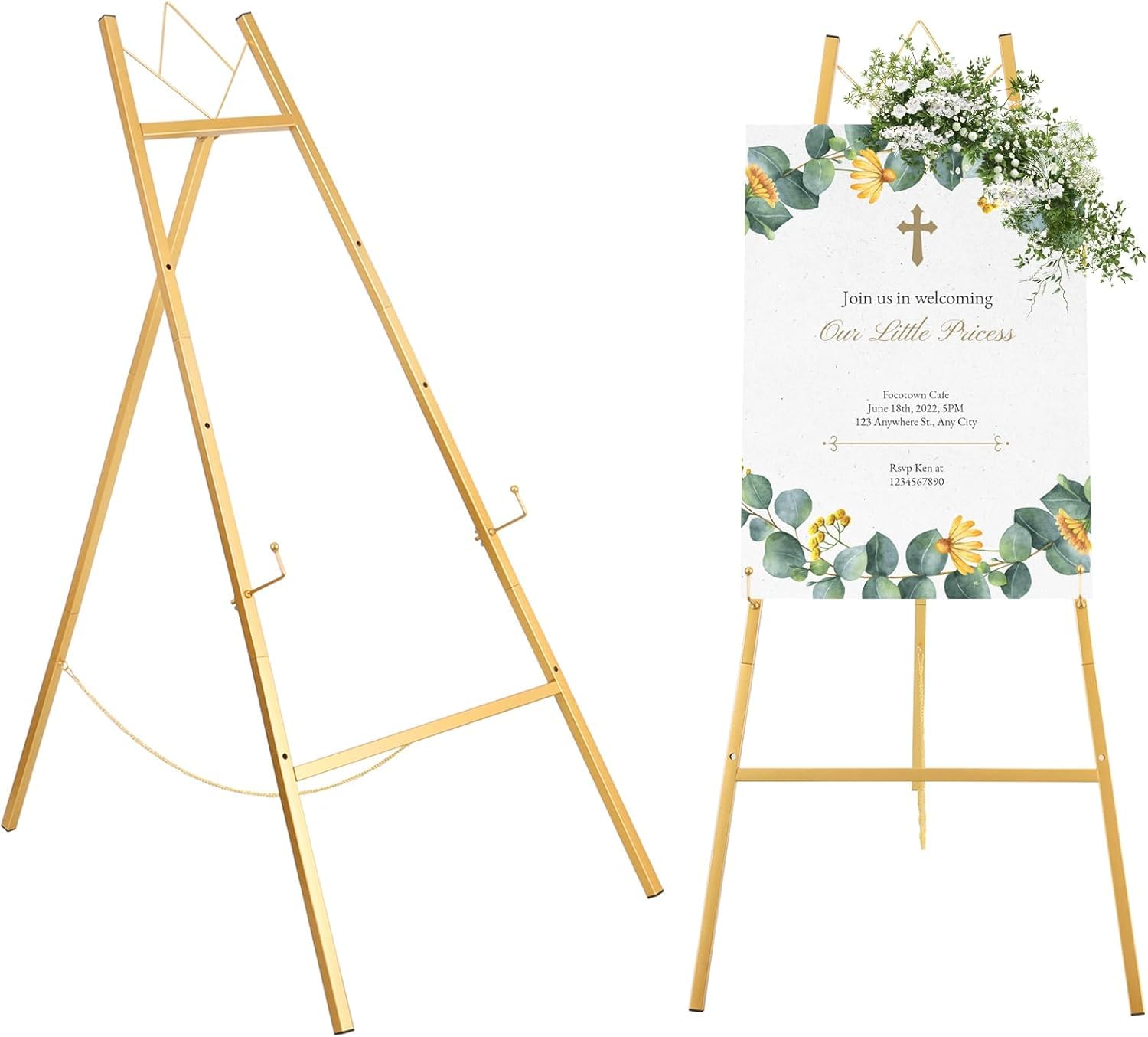Gold Metal Sign Easel – 4-Tier Adjustable Height Display Stand with Triangular Stability, Heavy Duty Wedding Decor Easel for Wedding Signs, Party Decor & Event Posters