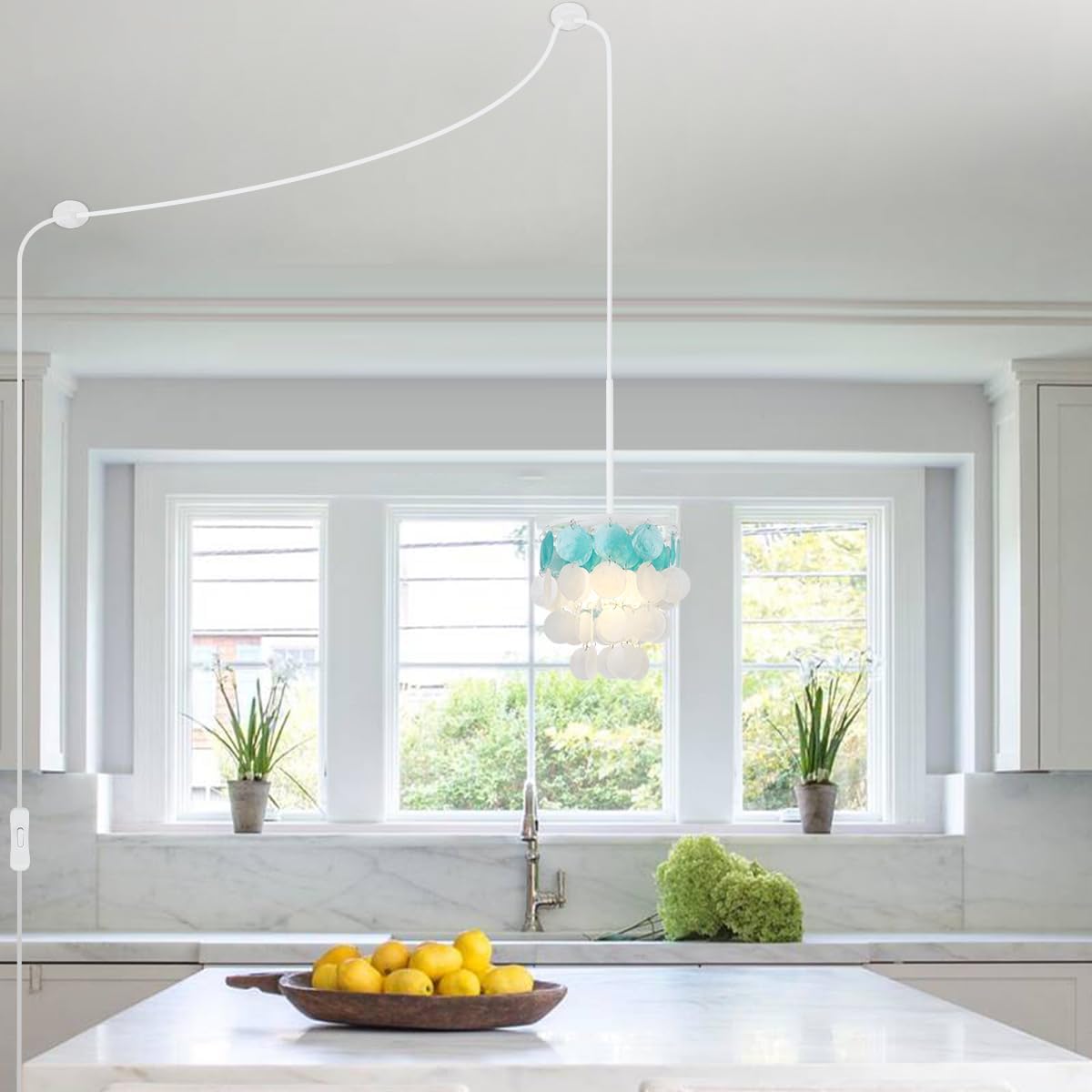 Capiz Shell Samll Chandelier, 1-Light Plug in Shells Pendant Lights with ON/Off Switch for Kitchen Island, Dining Room, Bedroom Room, Coastal House, White and Blue