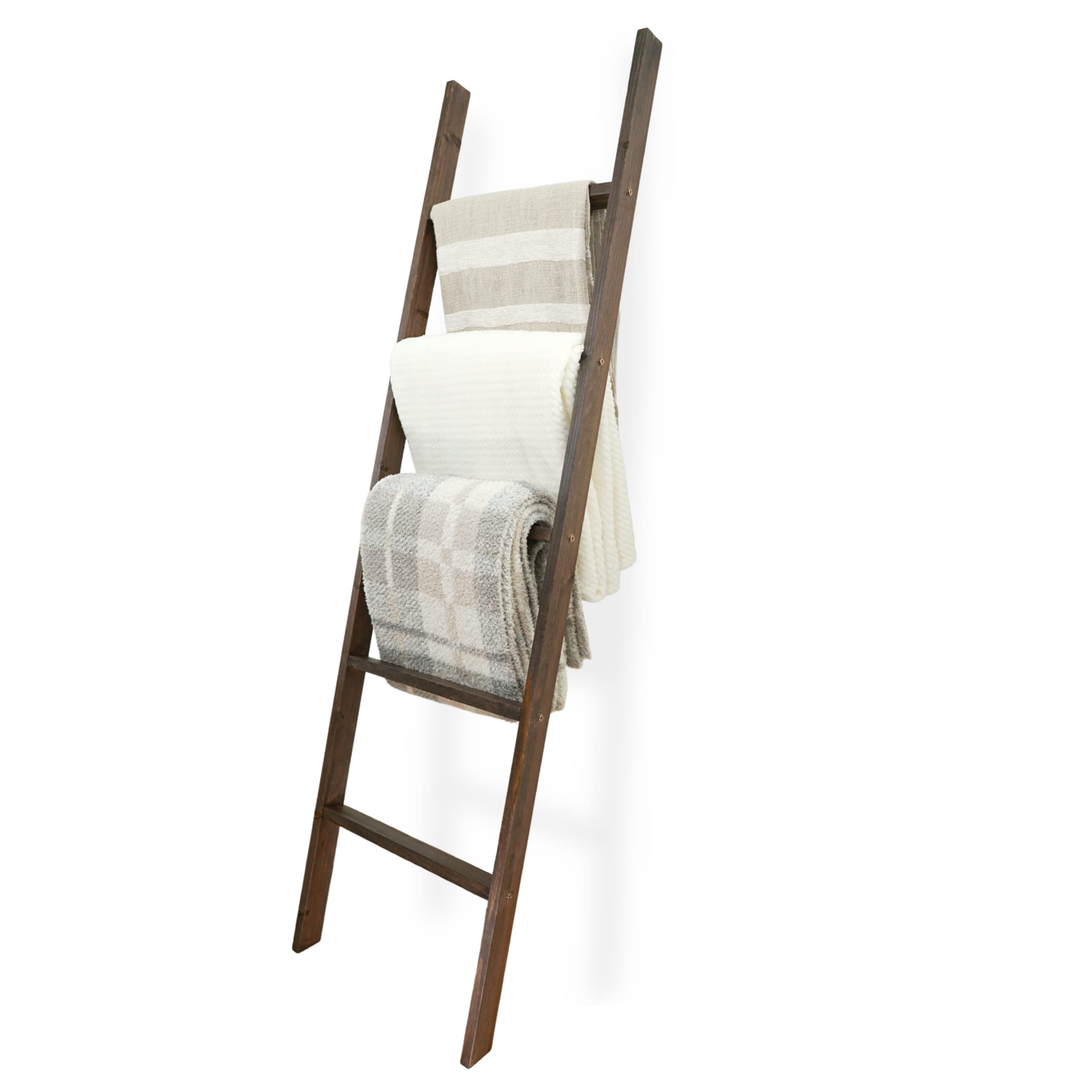 EKNAH Blanket Ladder – Holds 5+ Blankets – Living Room Decor – Blanket Rack – Store Quilts, Comforters, Bedspreads, Blankets & Throws – Blanket Storage for Living Room – Towel Rack – Dark Stained Wood