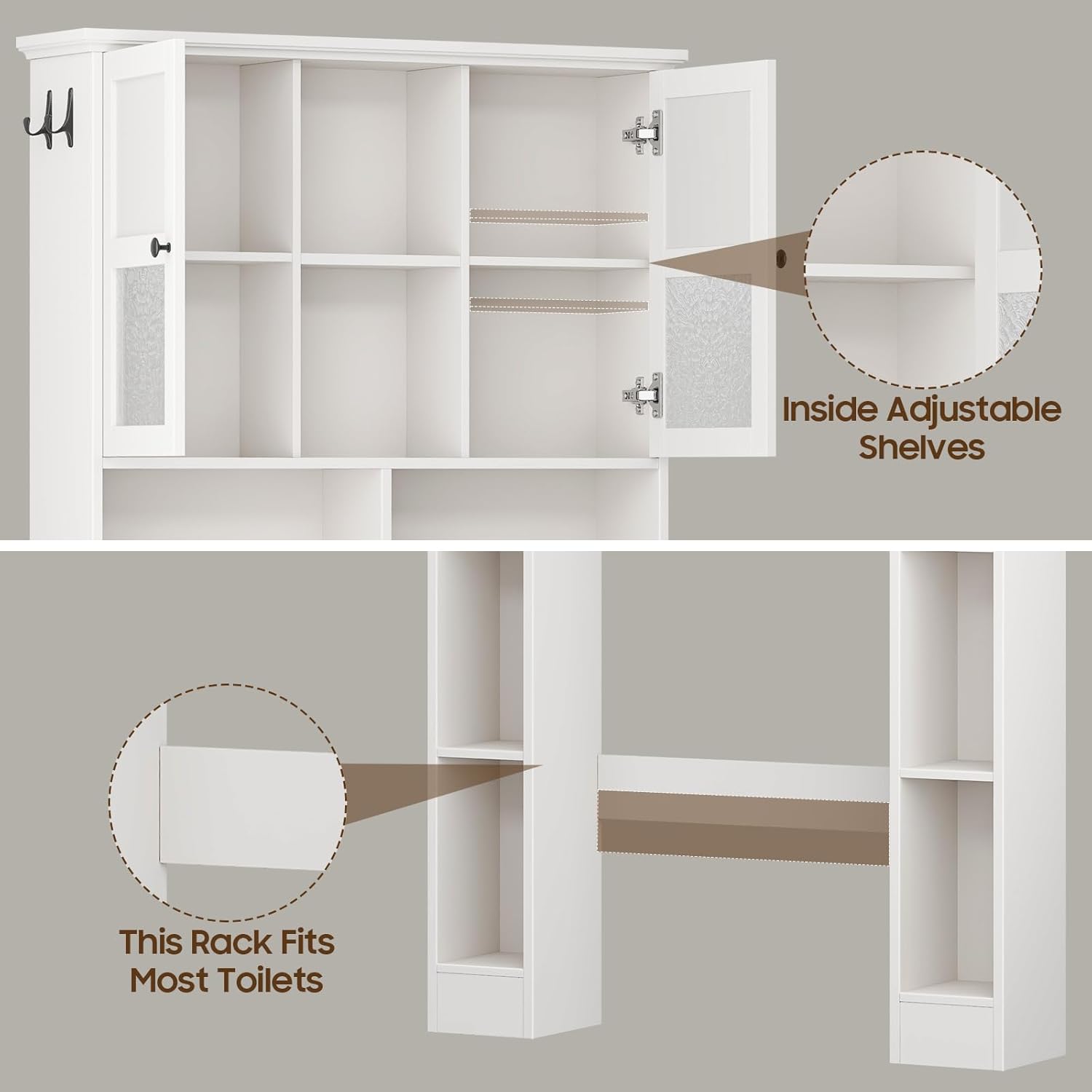 Halitaa Over The Toilet Storage Cabinet, Bathroom Shelf Over Toilet with Hammered Grain Glass Doors and Adjustable Shelves, Modern Space Saving Rack Cabinet for Bathroom, Laundry (Simple White)
