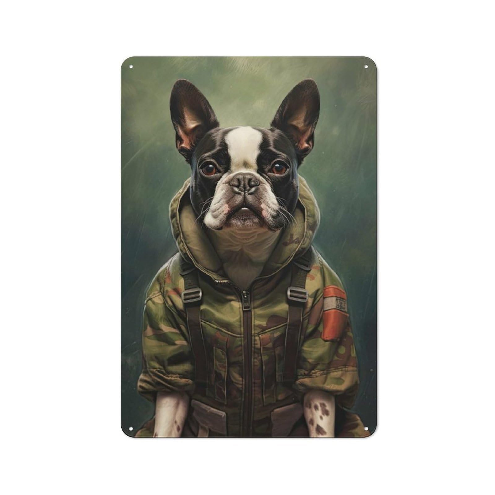 Boston Terrier Camo Jacket Smart Metal Wall Decor 30x20cm, Office Metal Sign for Office, Study, Studio Or Hallway