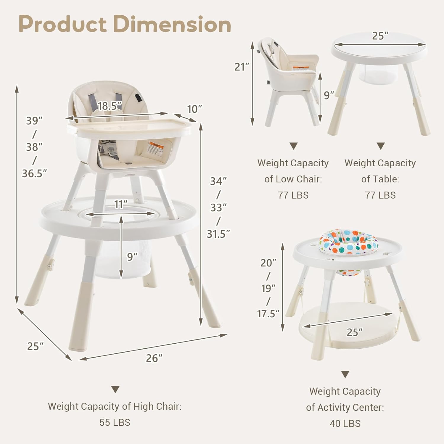 HONEY JOY 7 in 1 Baby High Chair, Convertible Highchair for Babies and Toddlers/Infant Feeding Chair/Activity Center, Building Block Table & Stool, Safety Harness, Removable Cushion (Beige)