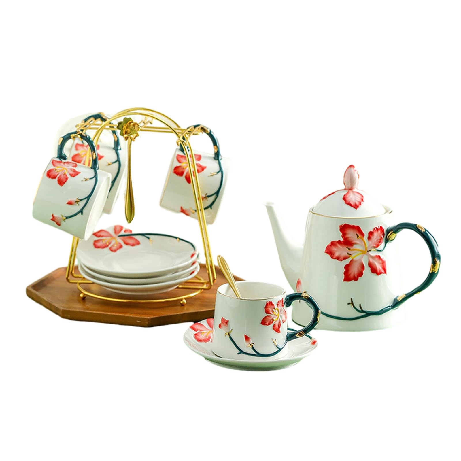 200ml/7oz Kreatives und exquisites Relief lila Gold Blume Keramik Kaffee Set, Büro und Haushalt Floral Tee Set, Tasse und Teller Set-4 Tassen und Teller+Topf+Eisenrahmen-201-300ml