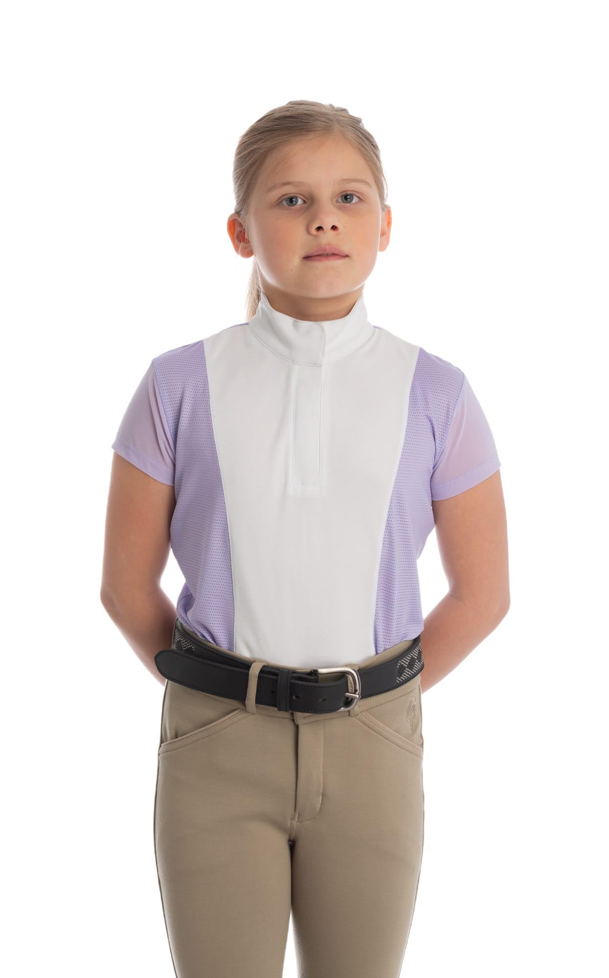 Equinavia Charlotte Kids Equestrian Show Shirt - Short Sleeved Performance Shirt with Cooling Mesh Panels - Lavender - XS