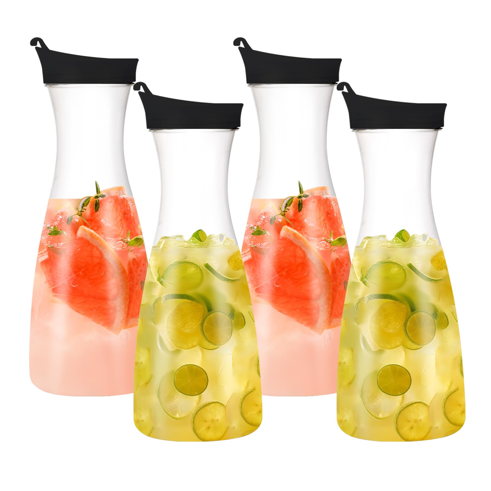 Brocche per succhi con coperchio ribaltabile 1L Caraffe D'Acqua nel Plastica da 4 Pezzi - Caraffa per Limonata per Acqua, Caffè, Birra, Tè Freddo e Succo Fatti