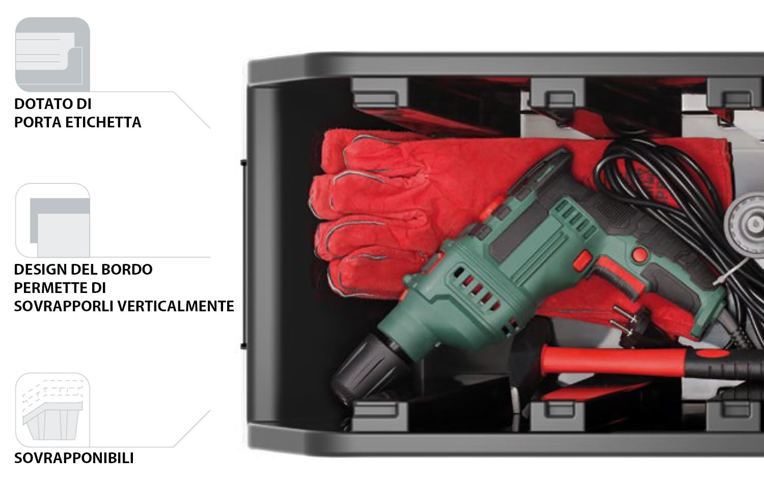 Set di 12 Contenitori a Bocca di Lupo Impilabili 8x11,5x6 cm Nero Plastica
