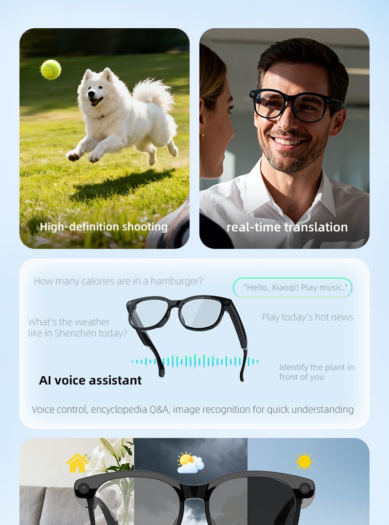 Kreta V52 - Occhiali intelligenti con assistente vocale AI, Bluetooth 5.0, fotocamera da 800 W, traduzione in 25 lingue, registrazione video in tempo reale (nero)