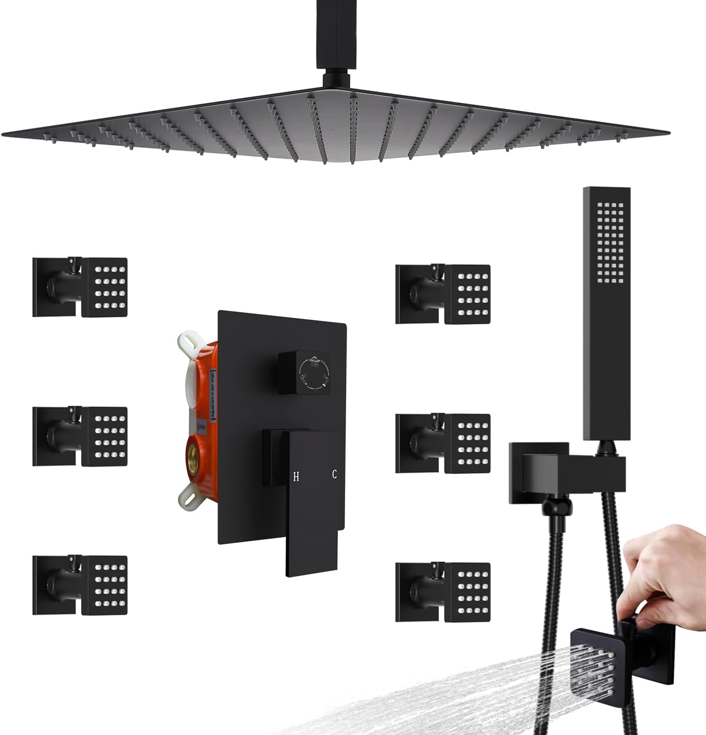 Enga 16 Inch Ceiling Rain Shower Head Combo System with Body Jets and Handheld, Shower Faucet Fixture Set, Matte Black