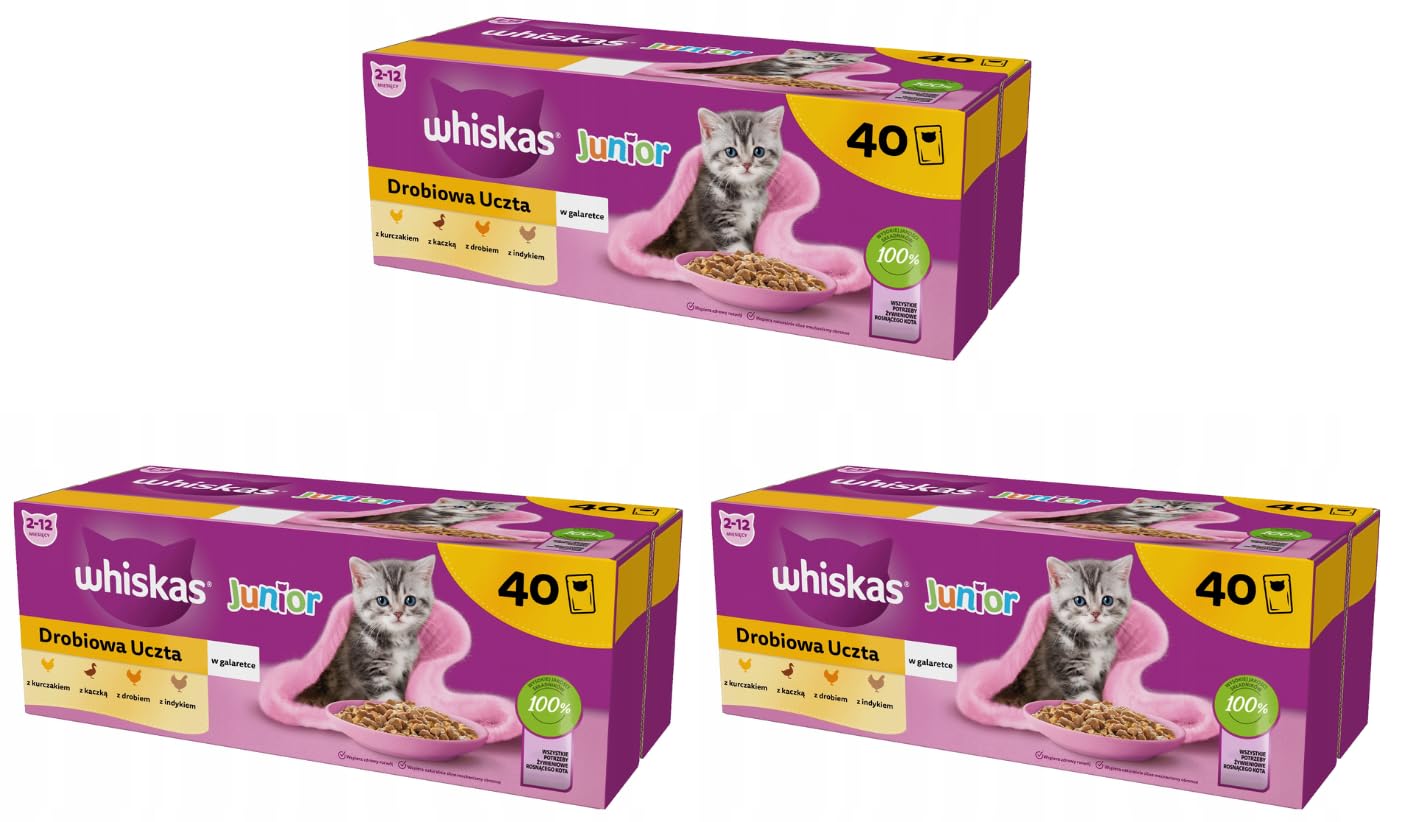 Whiskas Junior Drobiowa Uczta w galaretce mokra karma w saszetkach dla kociąt kotów Zestaw 3x 40x85g