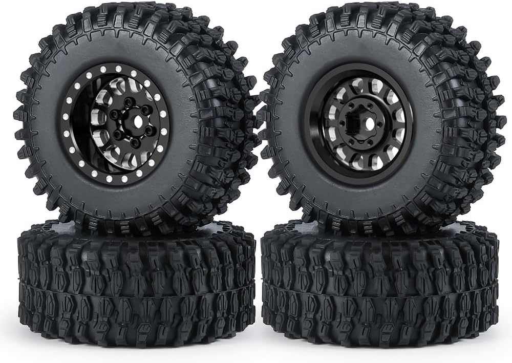 MORLORDY 1.0" Beadlock Wheels and 50mm Rubber Tires Set for Axial SCX24 Gladiator Deadbolt Bronco C10 JLU 1/24 RC Crawler Car Upgrade Parts (Black)
