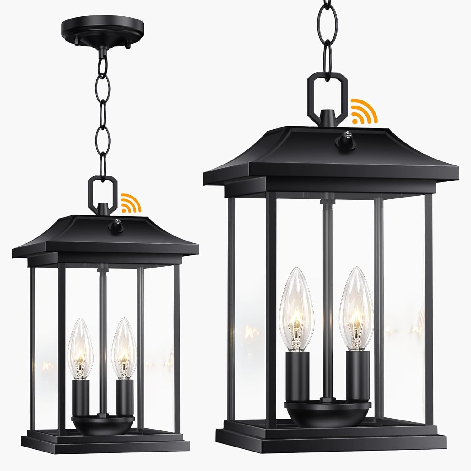 Outdoor Pendant Light for Porch, 13'' Dusk to Dawn Modern Outside Chandelier Hanging Lantern, Black with 2-Light Base, Exterior Pendant Lighting Fixture for Porch, Yard, Gazebo, 1Pack