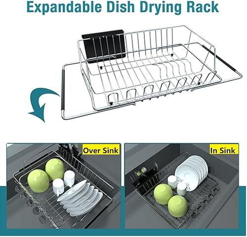 Miniatura 2 de DOLRIS Escurridor de platos escurridor de platos para encimera de cocina escurridor de platos de acero inoxidable SUS304 con soporte para utensilios