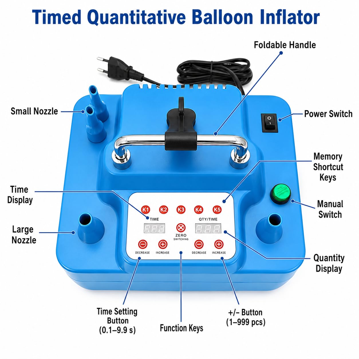 Inflador de globos de doble boquilla de 800 W con temporizador y control de