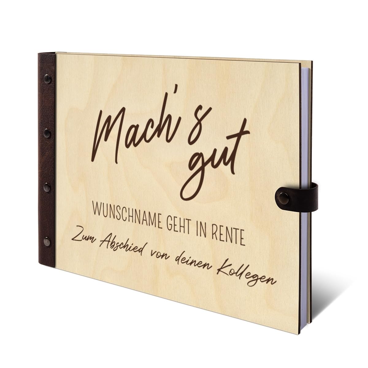 Personalisiertes Abschied Gästebuch echtes Holz DIN A4 Rente Erinnerungsbuch mit Lasergravur - Machs Gut - mit 72 Blatt / 144 Seiten Naturpapier Weiß