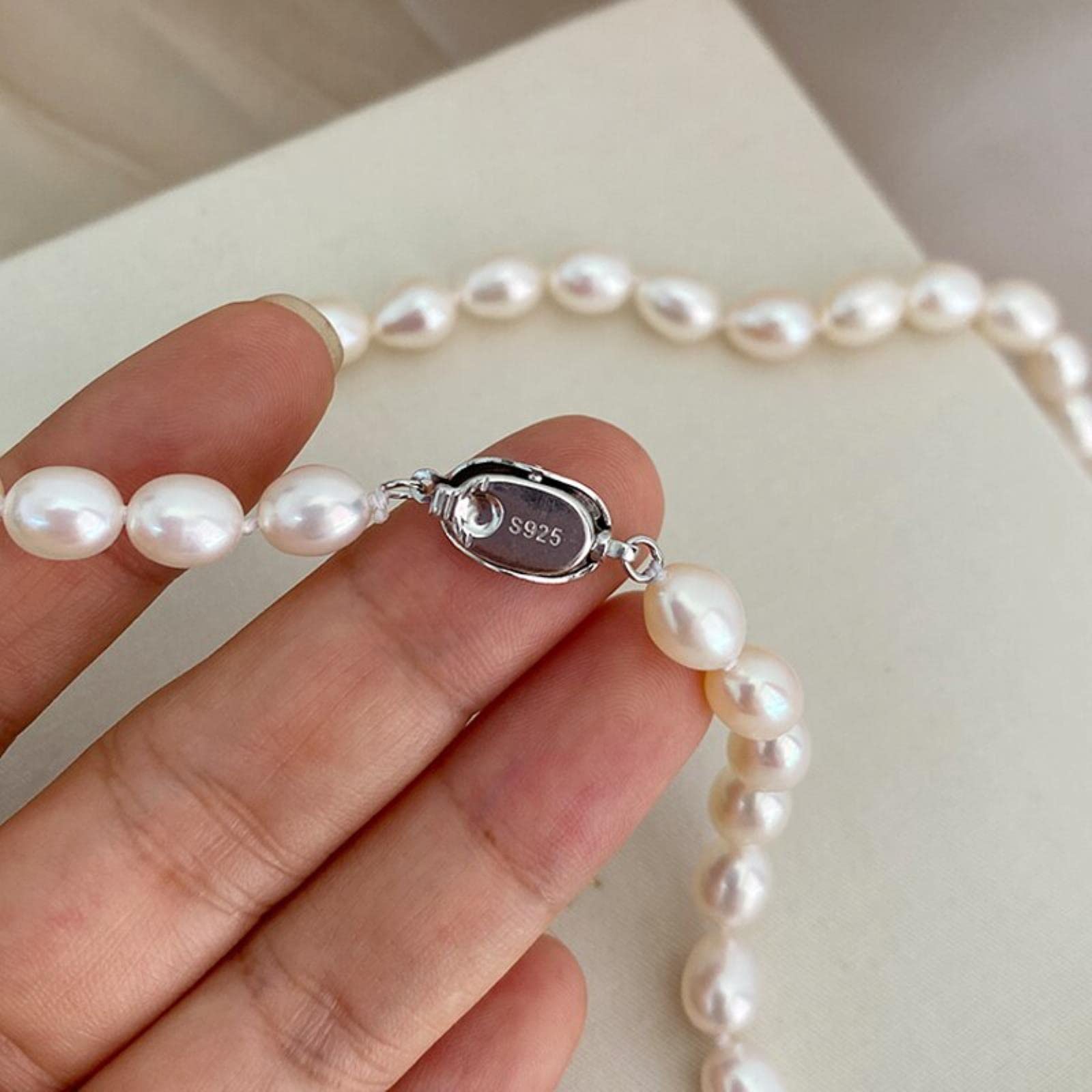 Collar De Perlas Naturales De Agua Dulce De 7-8mm para Mujer, Hebilla De Plata De Ley 925 Genuina, Regalo De Joyería De Perlas Blancas En Forma De Arroz