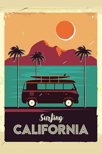 Póster de surf California Coastline Van Surf Viajes Playa Paraíso Tropical Paraíso Mar Arte Gráfico Olas de Arena Vintage Retro Cool Wall Art Poster