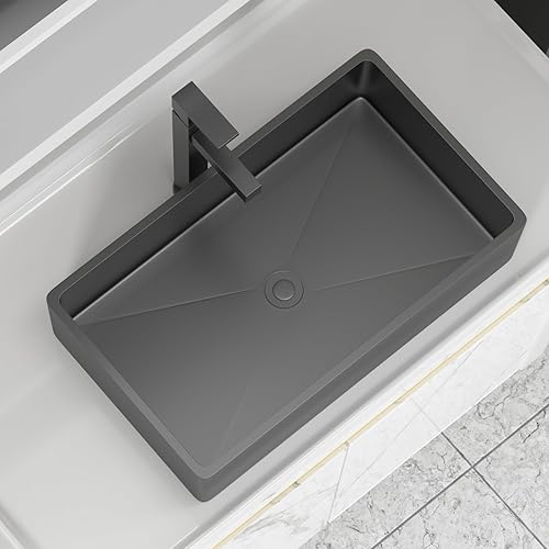 Miniatura 122 de Fregadero de baño de 19 x 15 pulgadas con grifo y desagüe desplegable – Porcelana negra mate rectangular sobre mostrador moderno lavabo de arte