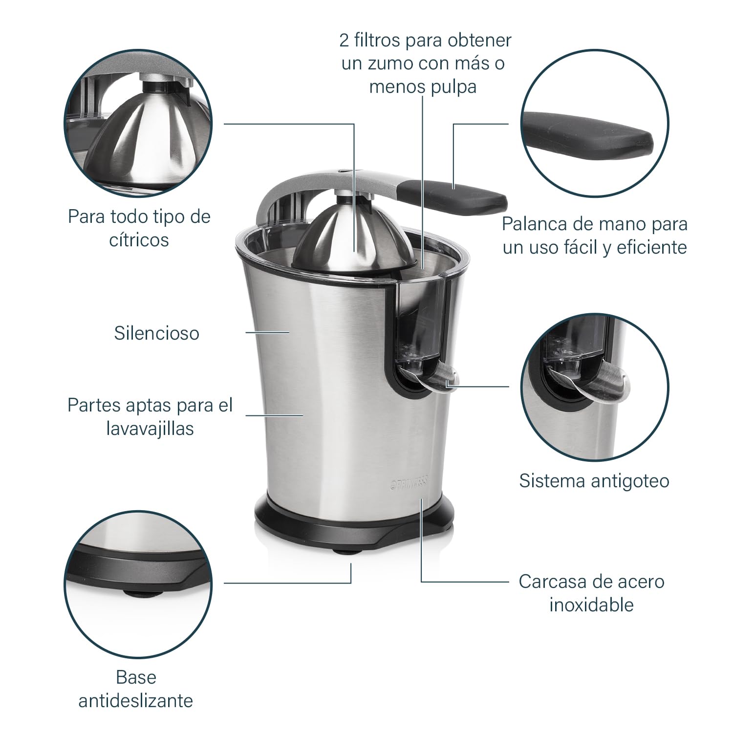 Princess 201860 Exprimidor de Cítricos Master Juicer Pro, Cono universal de acero inoxidable, Brazo de Palanca Profesional, Potente Motor de 300 W, Filtro para Pulpa, Depósito con Sistema Antigoteo