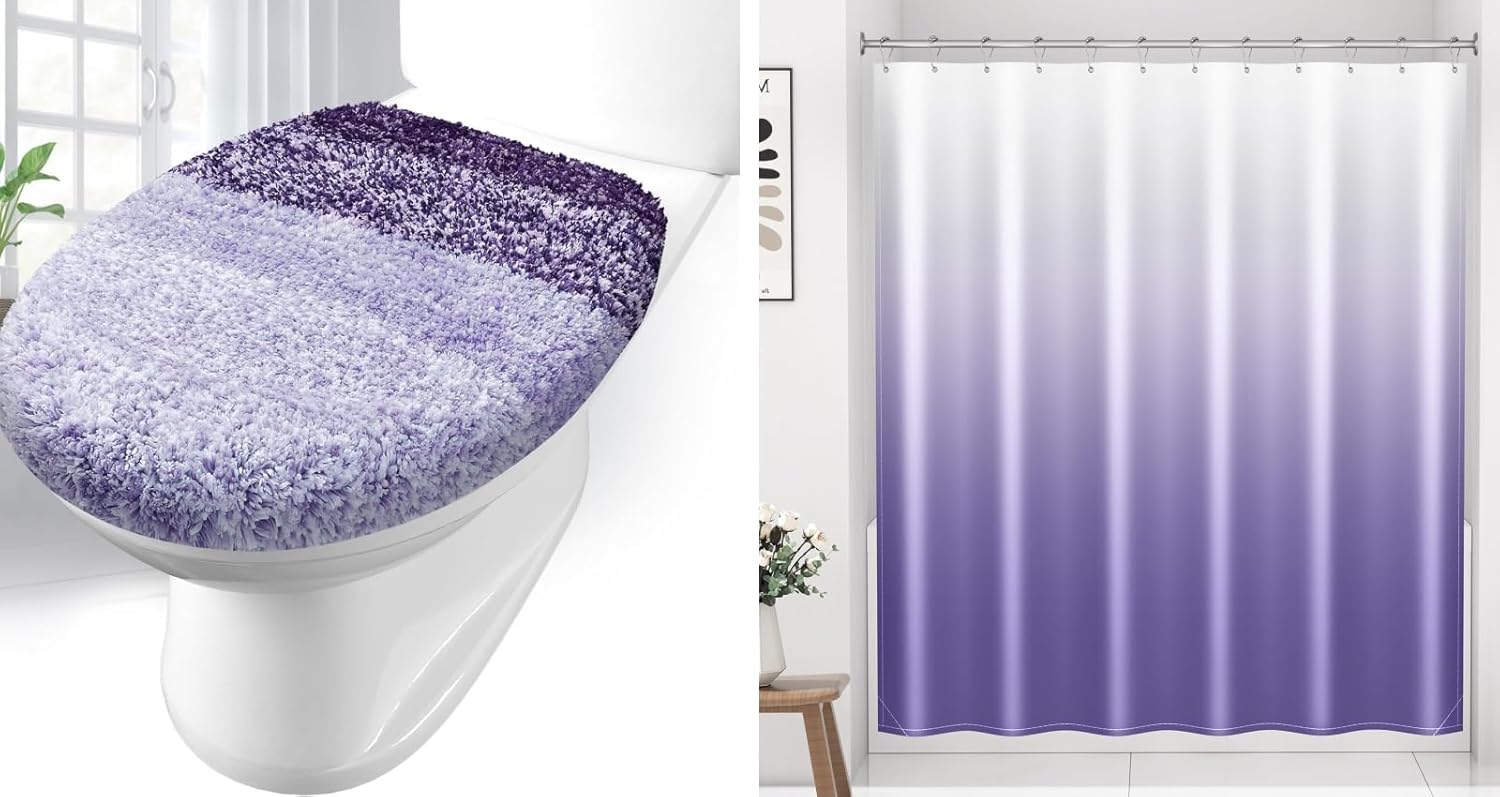 Arotive Dark Purple Soft Microfiber Bathroom Toilet Lid Cover, 17.5x15 Inches,and Lavender Fabric Ombre Shower Curtain Set with 12 Hooks, 72x72 Inches, 2 Item Bundle