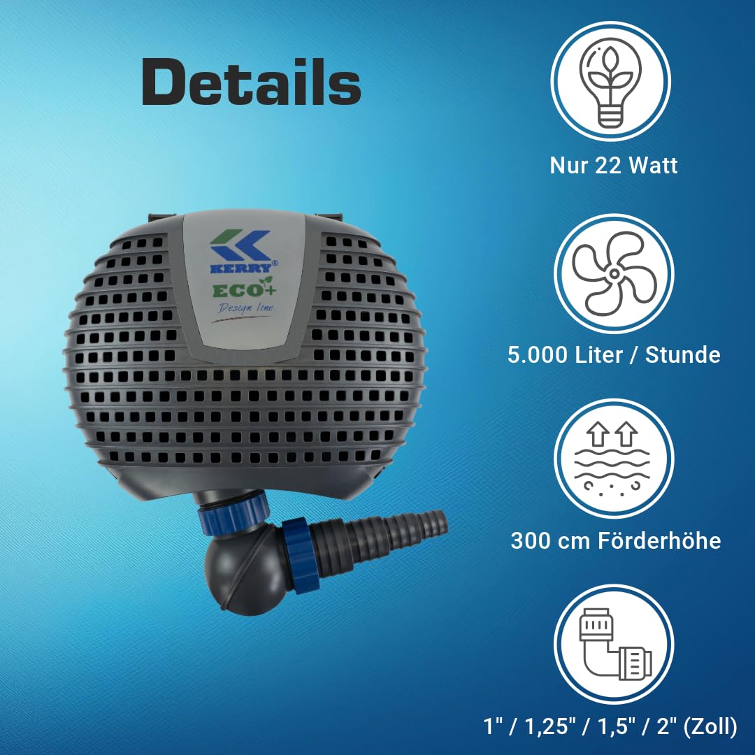 ECO Teichpumpe KEE05000-5000 L/H, nur 22 Watt energiesparend, Vorfilterkammer, 3m Förderhöhe, 10m Kabel, Wasserpumpe für Brunnen, Teich und Bach, Brunnenpumpe | Gartenteichpumpe