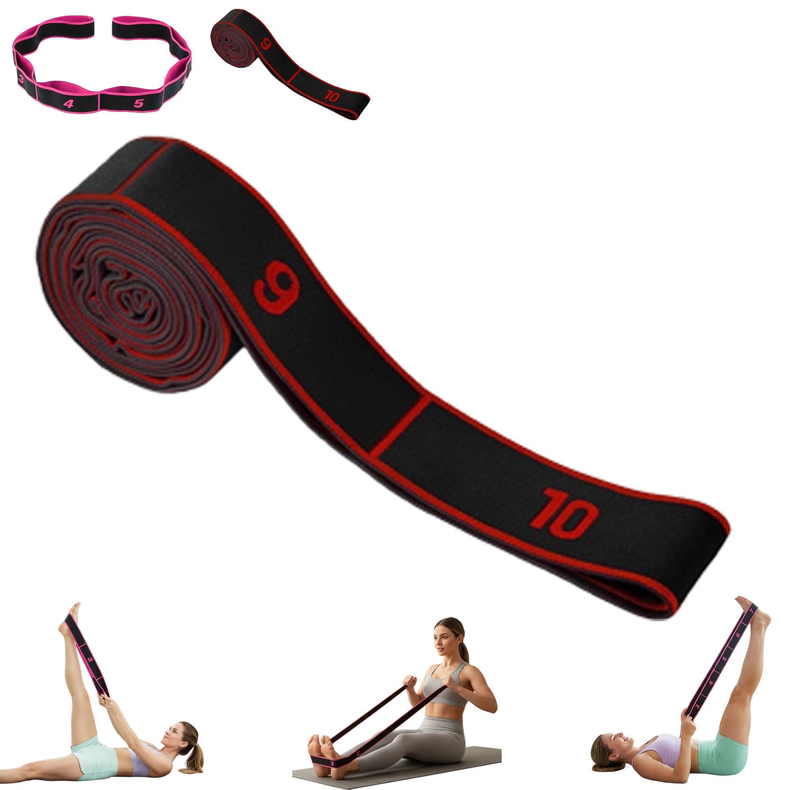 Fitness Resistance Band for Stretching and Yoga, Adjustable 8/10-Segment Multi-Loop Resistance Bands, Yoga Bands for Stretching, Daily Mobility & Gentle Home Exercise (Red-10Grids)