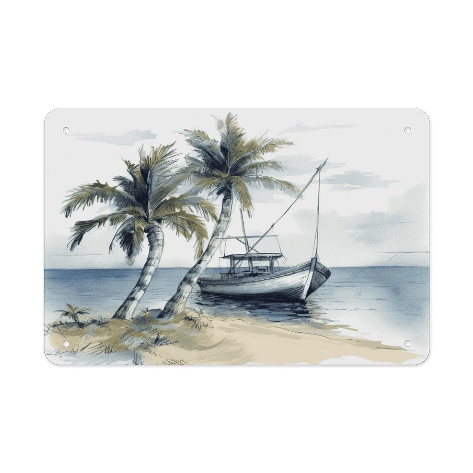 Fekiloot Style Palm Trees Fishing Boat Metal Signs Wall Art Tin Sign
