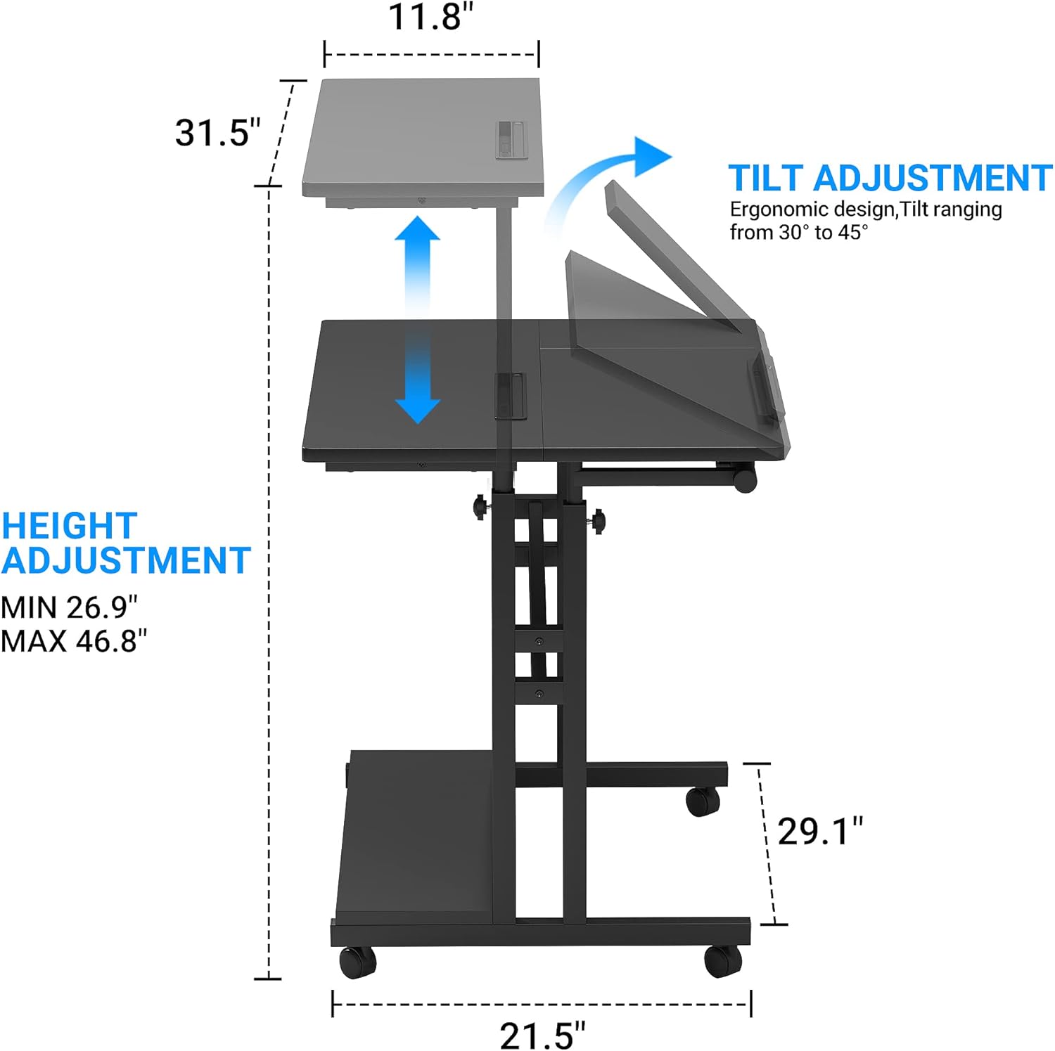 Panta Mobile Standing Desk, Adjustable Rolling Computer Desk with 3 Desktops, Portable Laptop Table with Desk Cup Holder, Home Office Laptop Workstation on Lockable Wheels, Black : Office Products