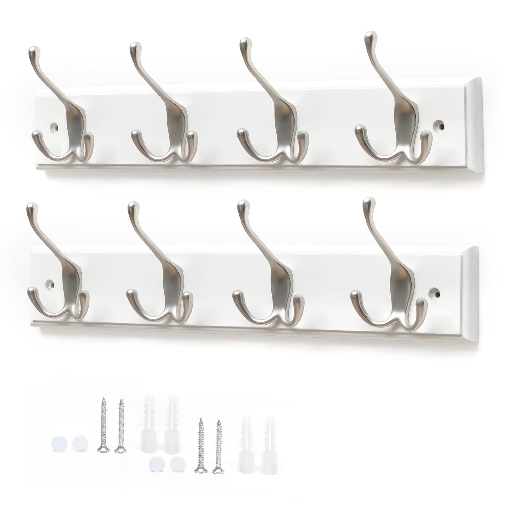 Flatro 4 Triple Hook Bamboo White Coat Hooks Wall-Mounted | Bamboo Coat Rack With 4 Triple Zinc Alloy Hooks To Hang Hats, Jackets, Bags, Keys, Towels & More | Fixings Included (, Pack Of 2)