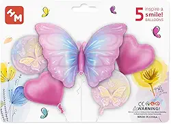 Balão Metalizado Borboleta - Candy Colors e Florescente, Cartelado ou Base 3D, Decoração Festa Jardim e Aniversário (KIT 5 PEÇAS BORBOLETA FLORESCENTE ROSA)