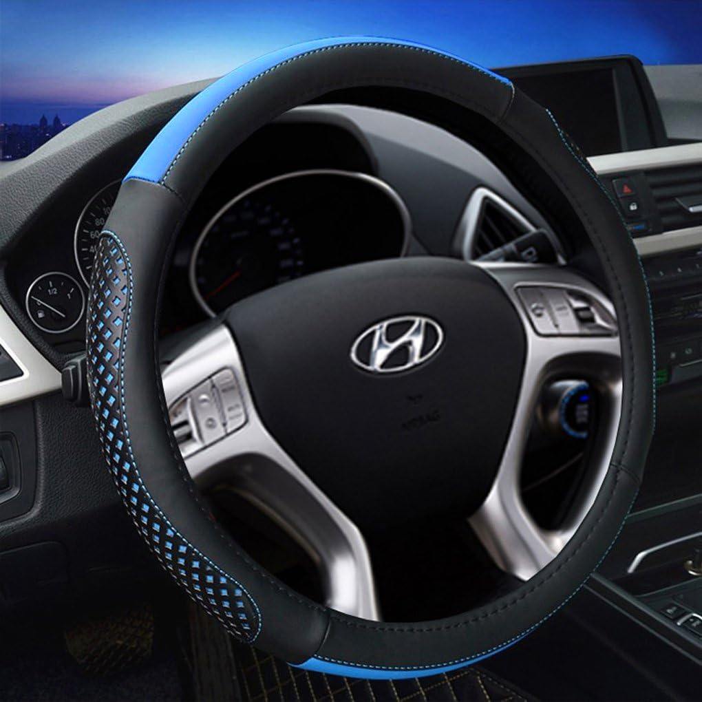 Leather Steering Wheel Cover 15 inch Universal - Soft Breathable Steering Wheel Wrap Black&Blue