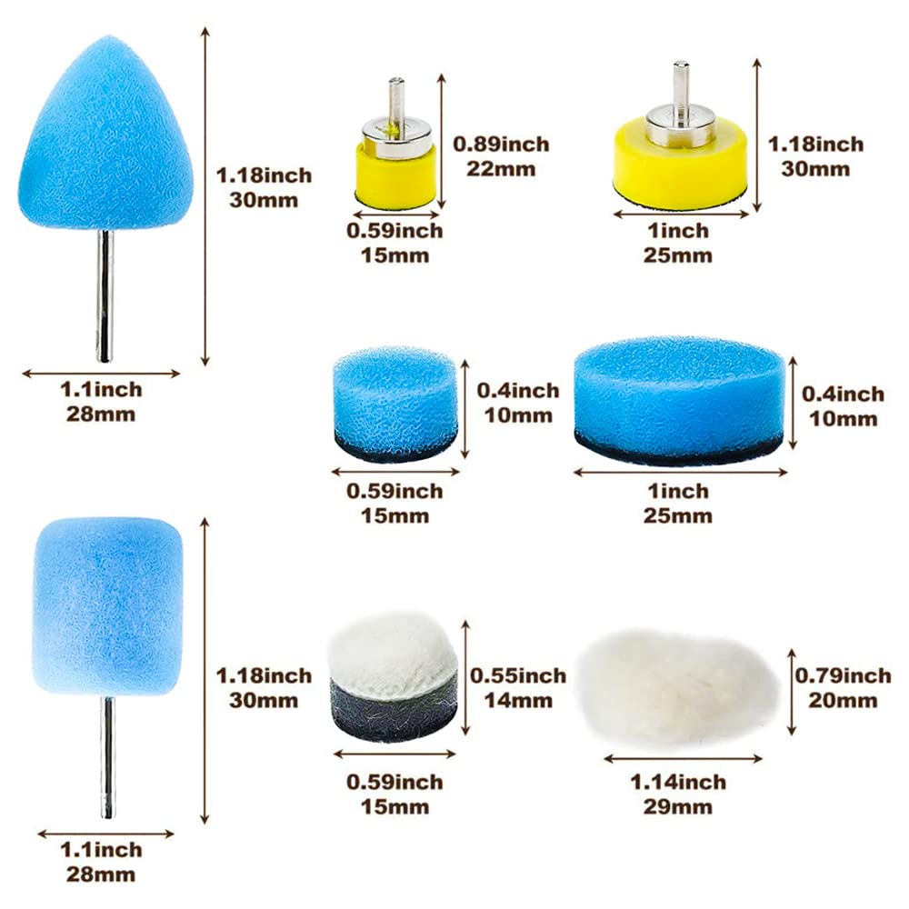 SI FANG 22 Pcs Mini Buffing Polishing Pads Kit, Car Details Mini Polisher Foam Pads for Drill Rotary Tool Buffer Tight Area Detailing Paint Polish Waxing & Glaze, Interior Headlight Door Handles